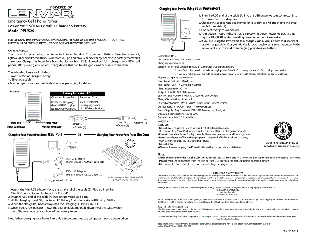 Lenmar Enterprises PPUS20 operating instructions Mini USB USB Power, Output Connector, Specications 