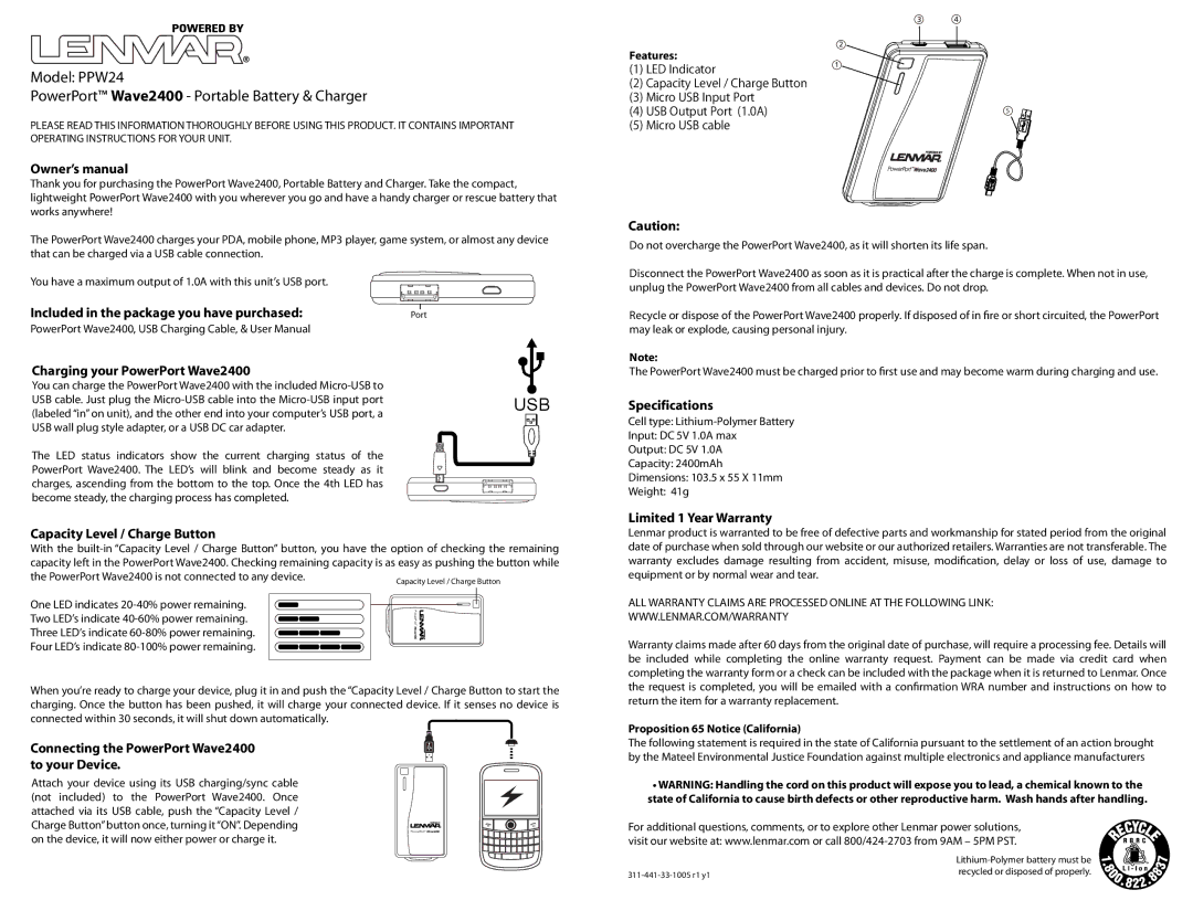 Lenmar Enterprises PPW24 owner manual Included in the package you have purchased, Charging your PowerPort Wave2400 