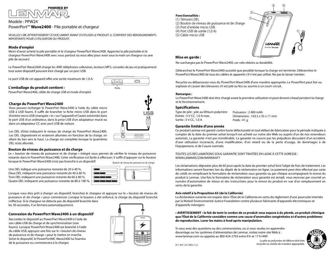 Lenmar Enterprises PPW24 Mode demploi, Lemballage du produit contient, Charge du PowerPort Wave2400, Mise en garde 