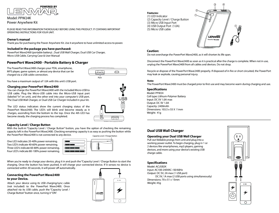 Lenmar Enterprises PPW24K owner manual PowerPort Wave2400 Portable Battery & Charger, Dual USB Wall Charger 