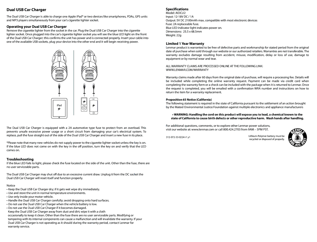 Lenmar Enterprises PPW24K owner manual Operating your Dual USB Car Charger, Troubleshooting, Limited 1 Year Warranty 