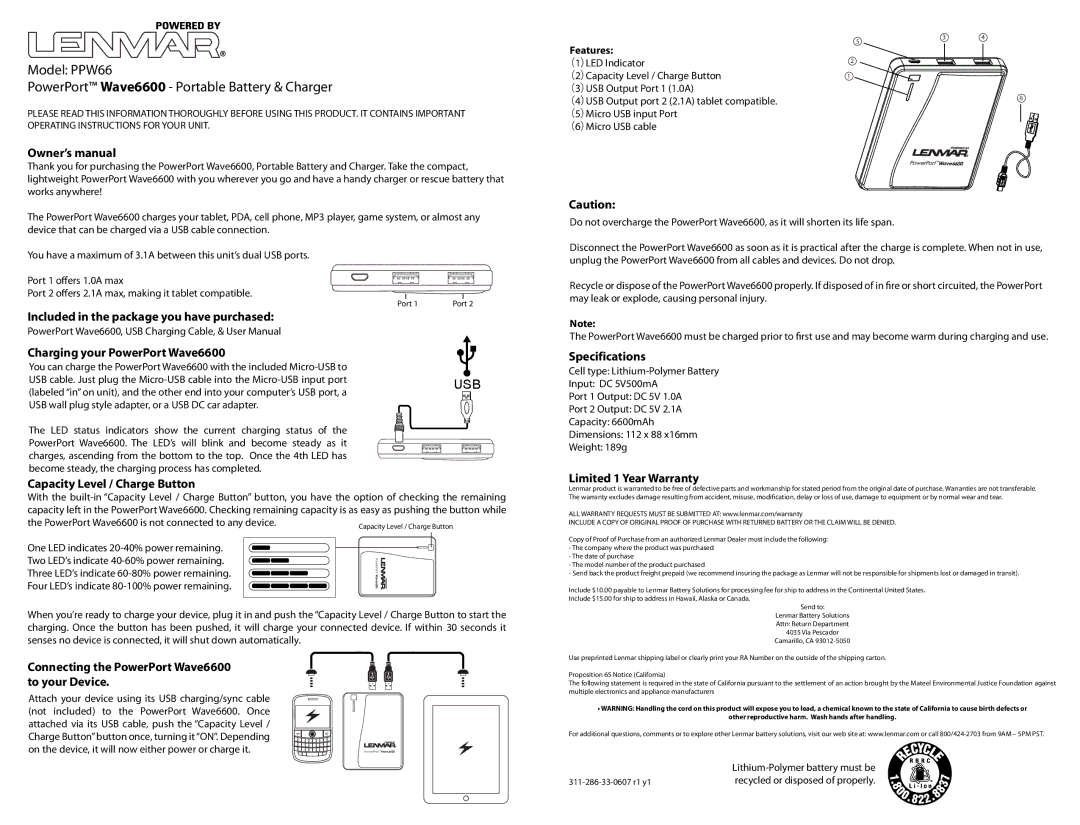 Lenmar Enterprises owner manual Model PPW66 PowerPort Wave6600 Portable Battery & Charger, Specifications 