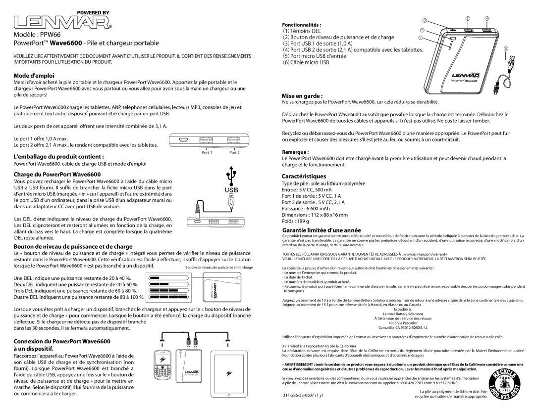 Lenmar Enterprises owner manual Modèle PPW66 PowerPort Wave6600 Pile et chargeur portable 