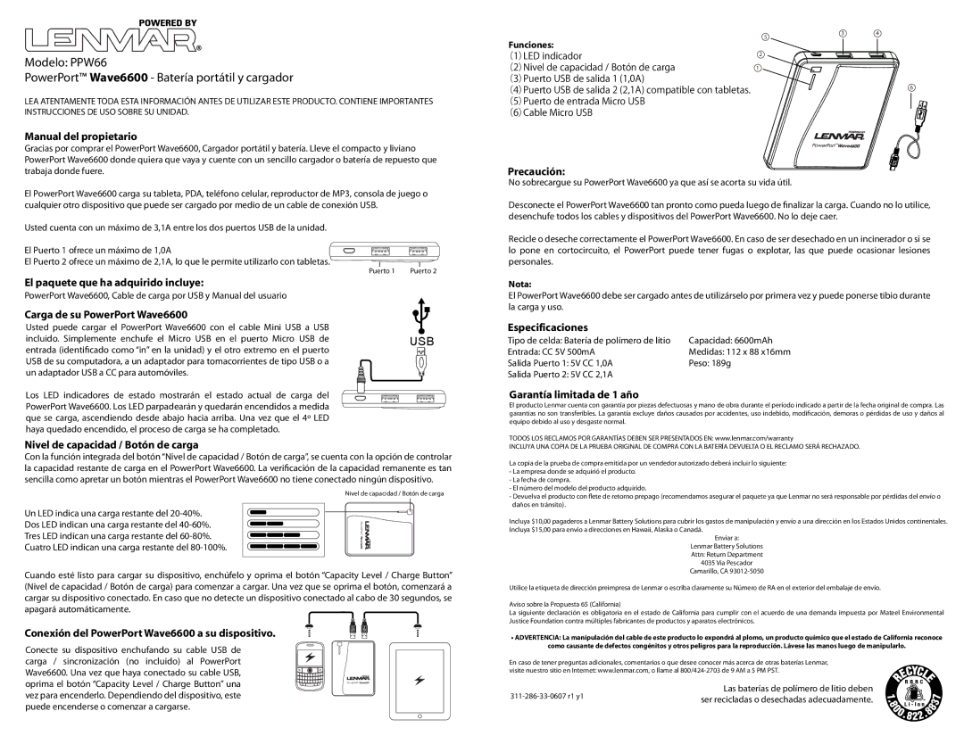 Lenmar Enterprises owner manual Modelo PPW66 PowerPort Wave6600 Batería portátil y cargador 