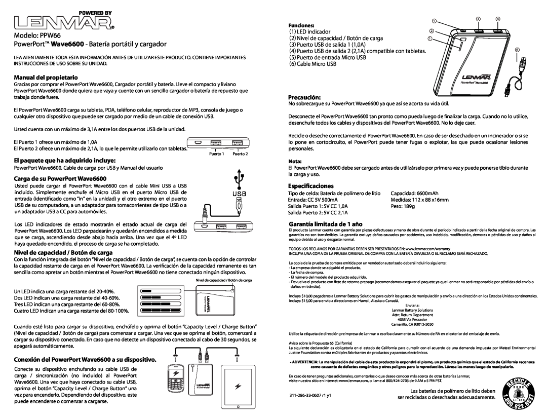 Lenmar Enterprises Modelo PPW66 PowerPort Wave6600 - Batería portátil y cargador, Manual del propietario, Precaución 