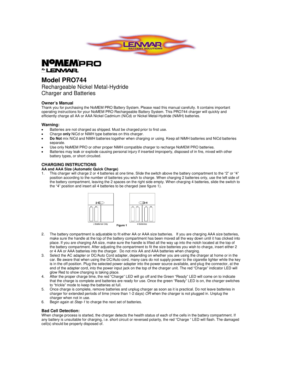 Lenmar Enterprises PRO744 owner manual Charging Instructions, Bad Cell Detection, AA and AAA Size Automatic Quick Charge 