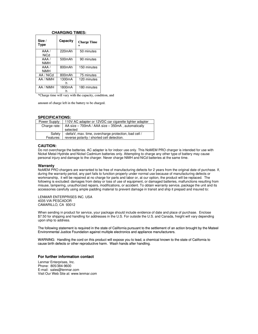 Lenmar Enterprises PRO744 owner manual Charging Times, Specifications, Warranty, For further information contact 
