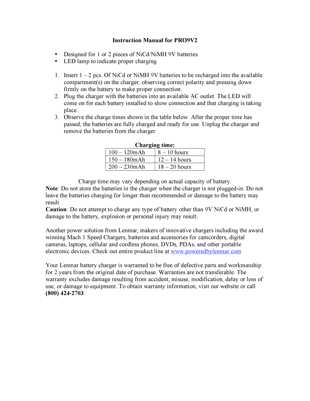 Lenmar Enterprises PRO9V2 instruction manual Charging time, 800 