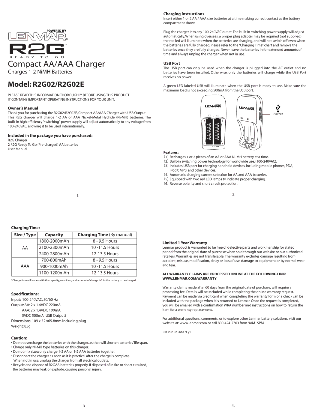 Lenmar Enterprises specifications Compact AA/AAA Charger, Model R2G02/R2G02E 