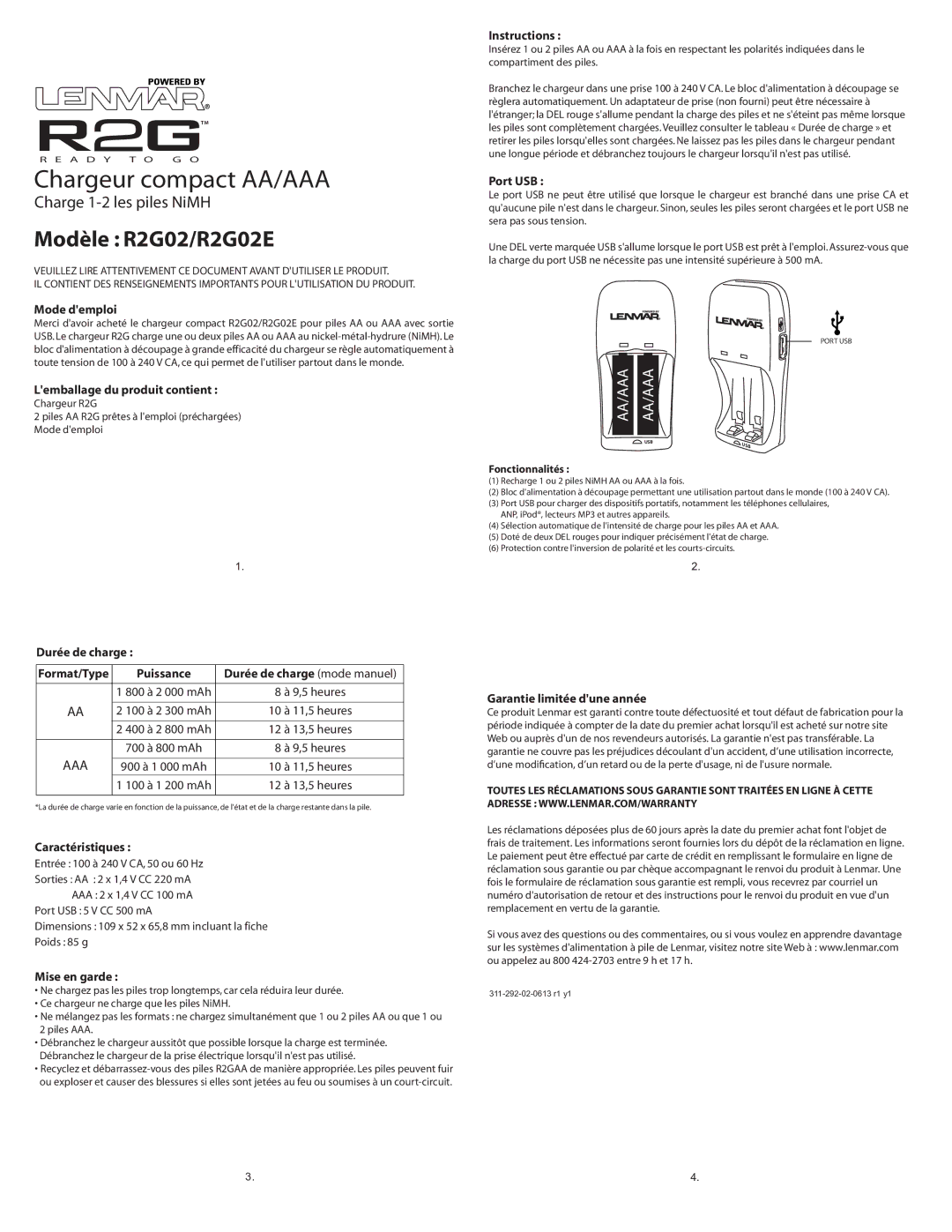 Lenmar Enterprises specifications Chargeur compact AA/AAA, Modèle R2G02/R2G02E 