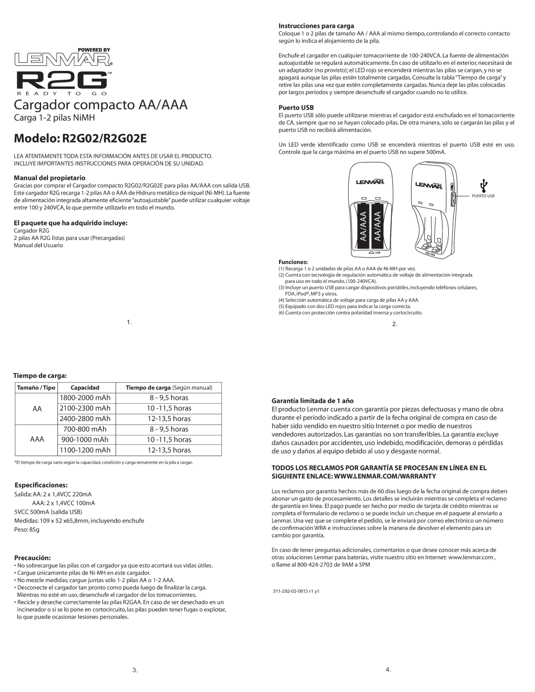 Lenmar Enterprises specifications Cargador compacto AA/AAA, Modelo R2G02/R2G02E 