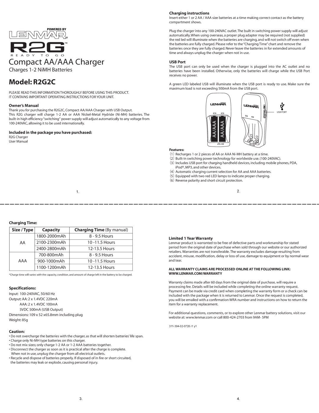 Lenmar Enterprises R2G2C specifications Included in the package you have purchased, Charging instructions, USB Port 