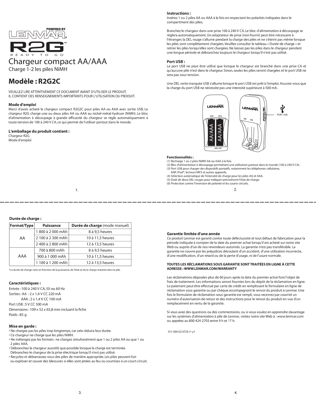 Lenmar Enterprises R2G2C Mode demploi, Lemballage du produit contient, Instructions, Port USB, Durée de charge, Puissance 