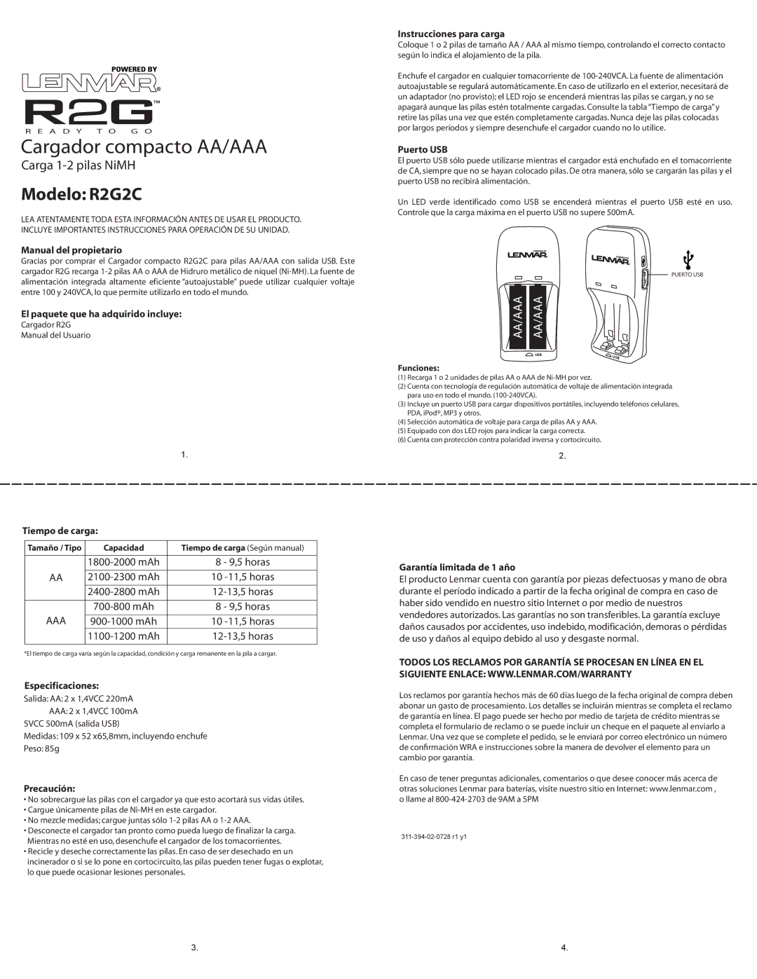 Lenmar Enterprises R2G2C Manual del propietario, El paquete que ha adquirido incluye, Instrucciones para carga, Puerto USB 