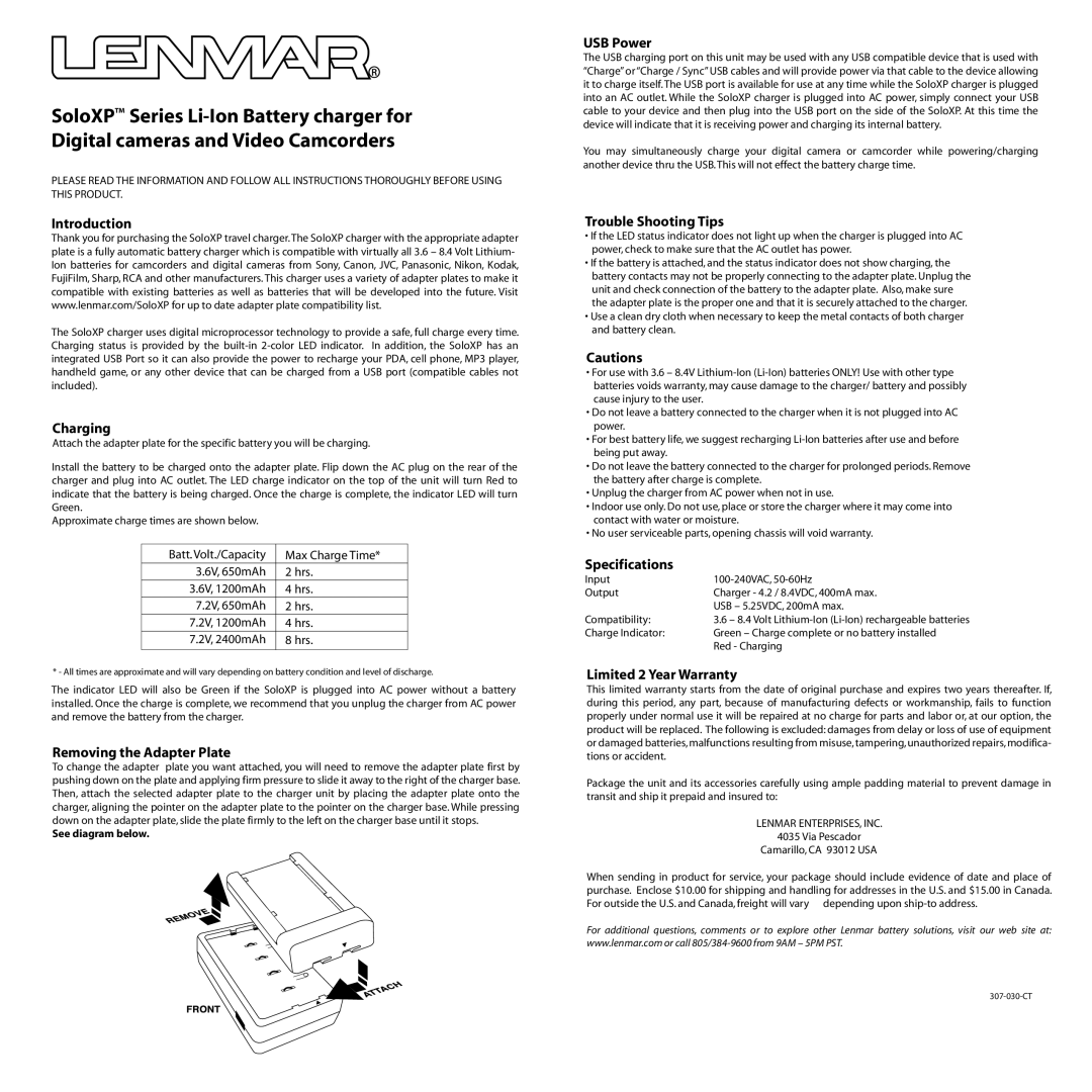 Lenmar Enterprises SoloXP specifications Introduction, Charging, Removing the Adapter Plate, USB Power, Specifications 