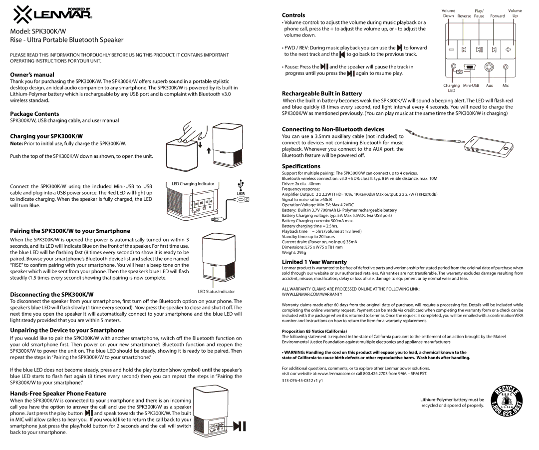 Lenmar Enterprises owner manual Rechargeable Built in Battery, Package Contents Charging your SPK300K/W, Specifications 