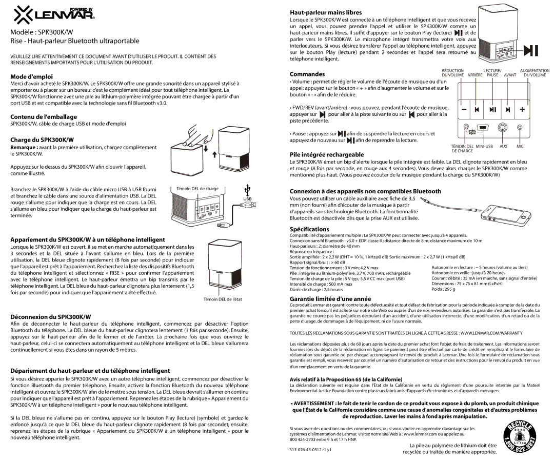 Lenmar Enterprises owner manual Haut-parleur mains libres, Mode demploi, Contenu de lemballage, Charge du SPK300K/W 