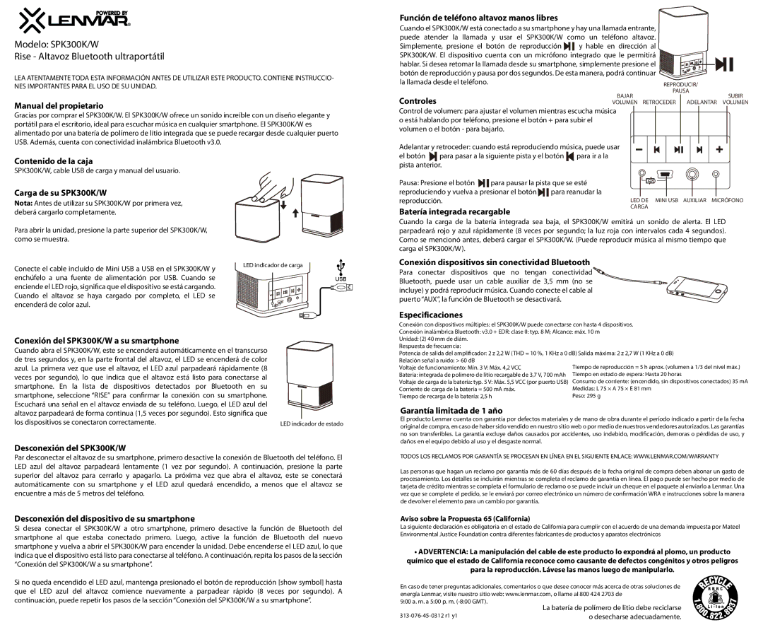 Lenmar Enterprises SPK300K/W Manual del propietario, Función de teléfono altavoz manos libres, Controles, Especificaciones 