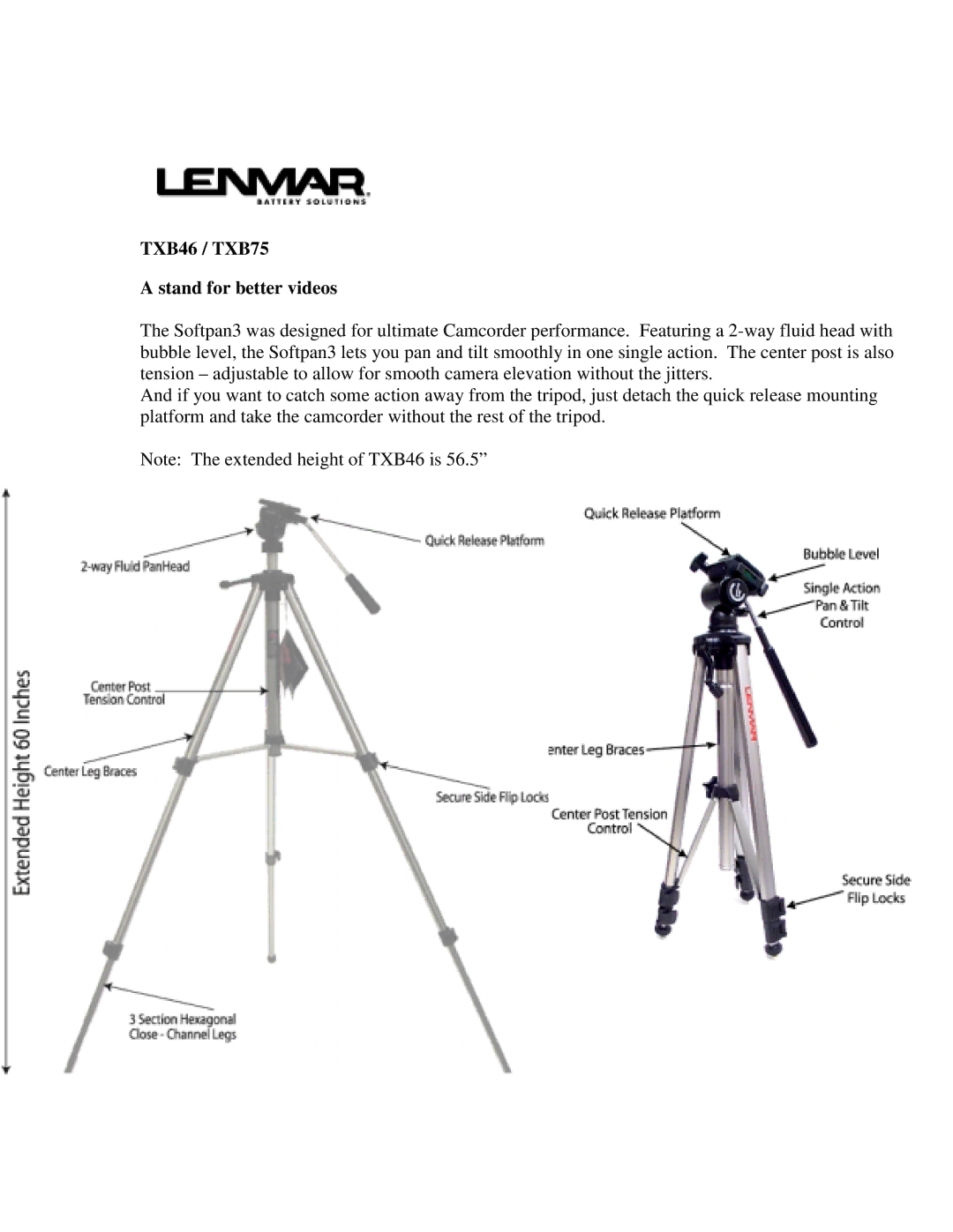 Lenmar Enterprises manual TXB46 / TXB75 Stand for better videos 