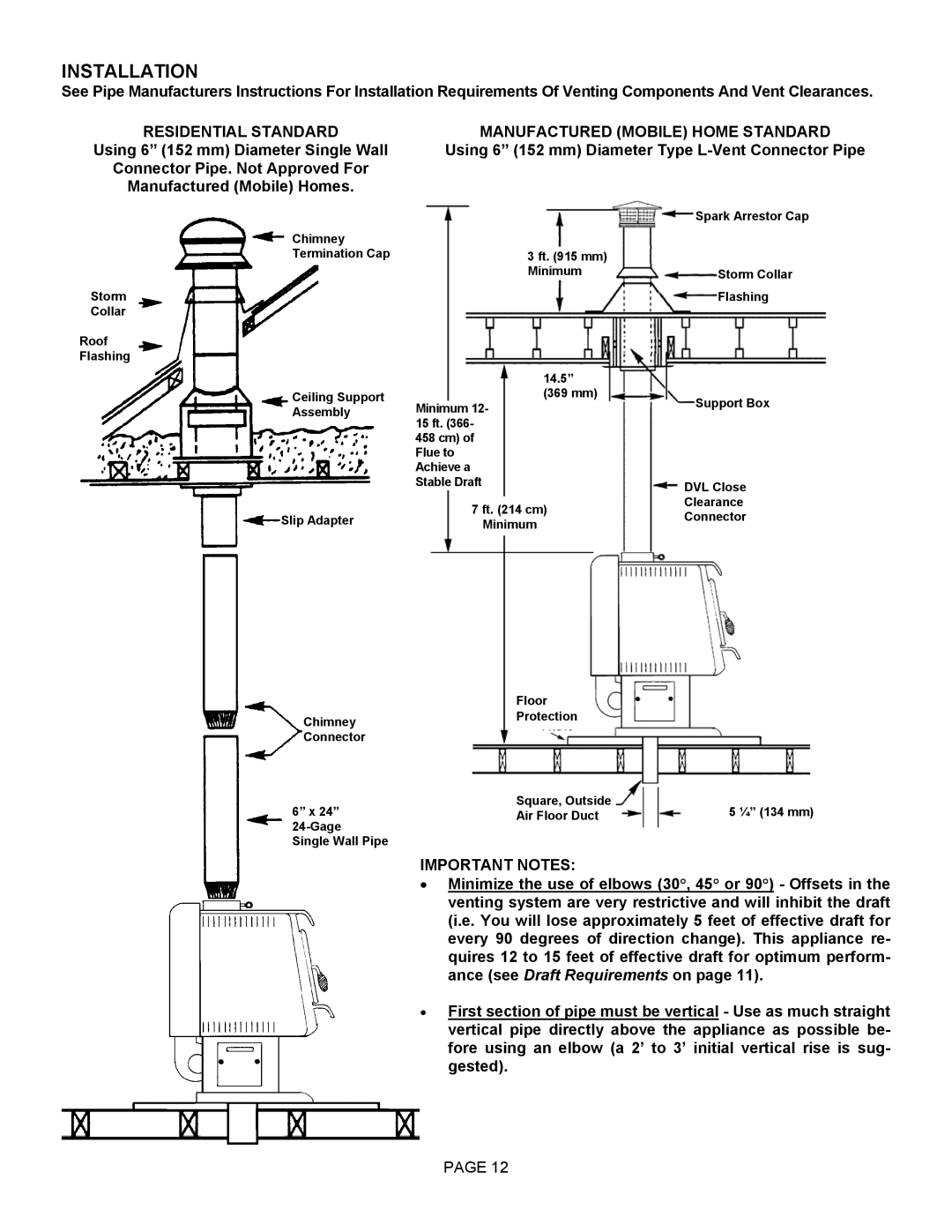 Lennox Hearth 1003C operation manual Residential Standard, Manufactured Mobile Home Standard, Important Notes 