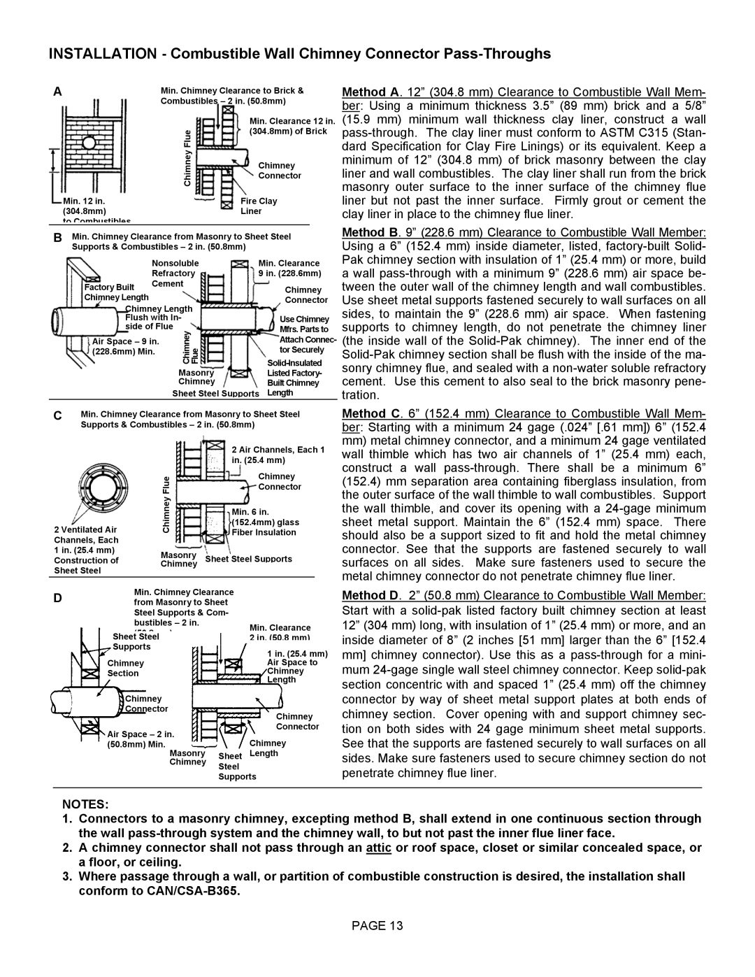 Lennox Hearth 1003C operation manual Method B 228.6 mm Clearance to Combustible Wall Member, Tration 