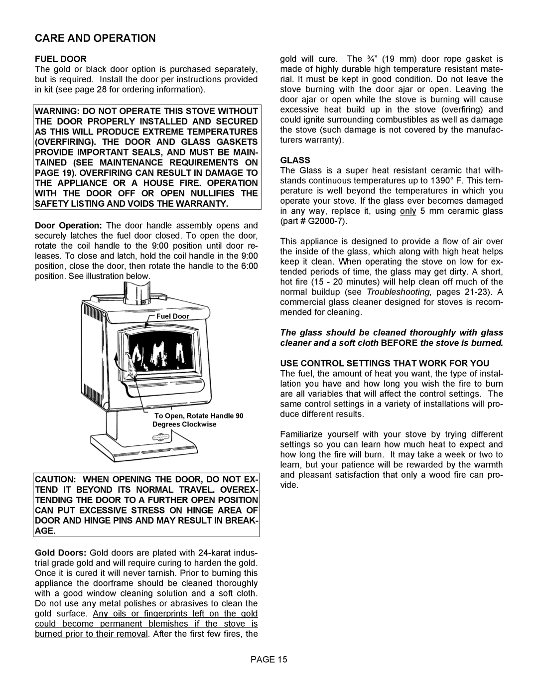 Lennox Hearth 1003C operation manual Care and Operation, Fuel Door, Glass 