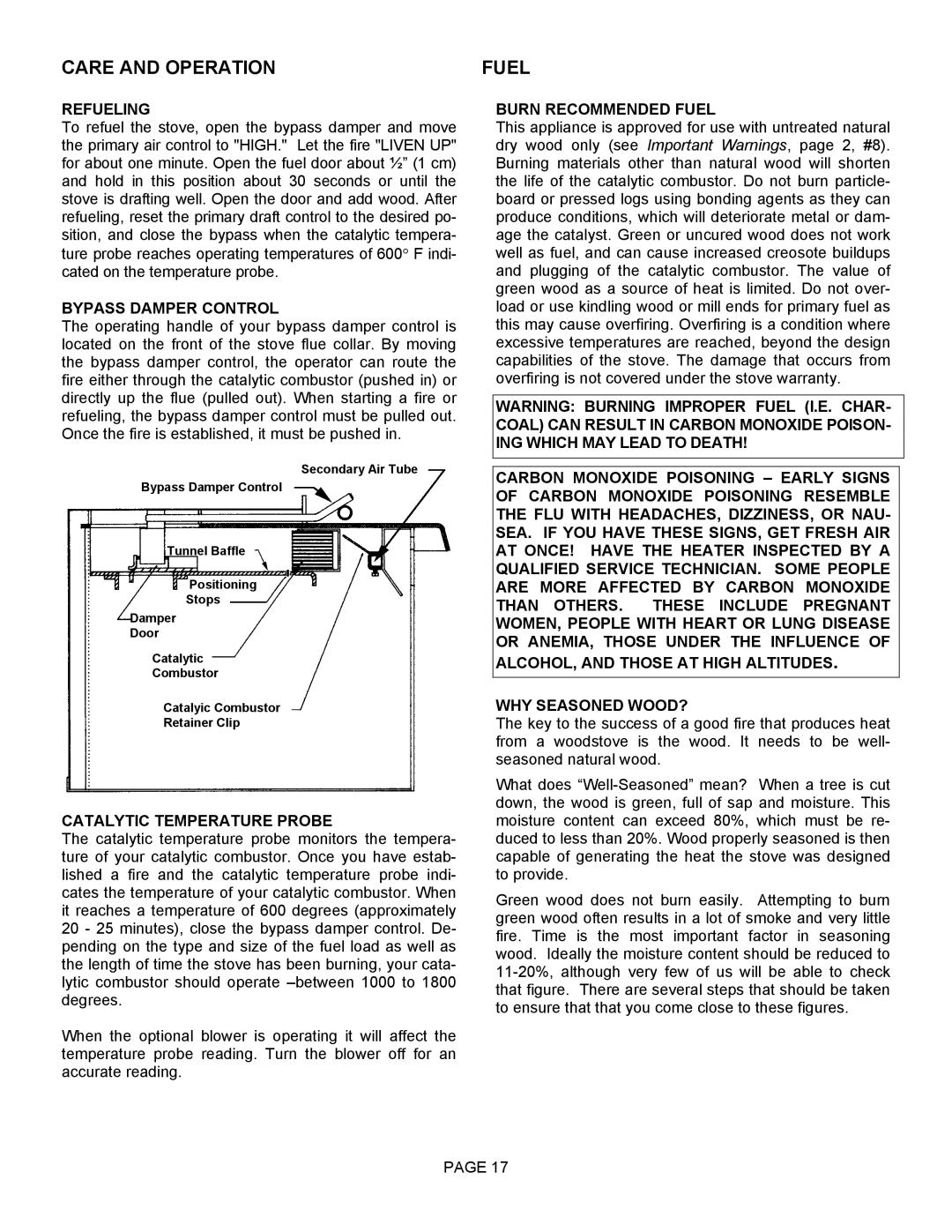 Lennox Hearth 1003C operation manual Refueling, Bypass Damper Control, Catalytic Temperature Probe, Burn Recommended Fuel 