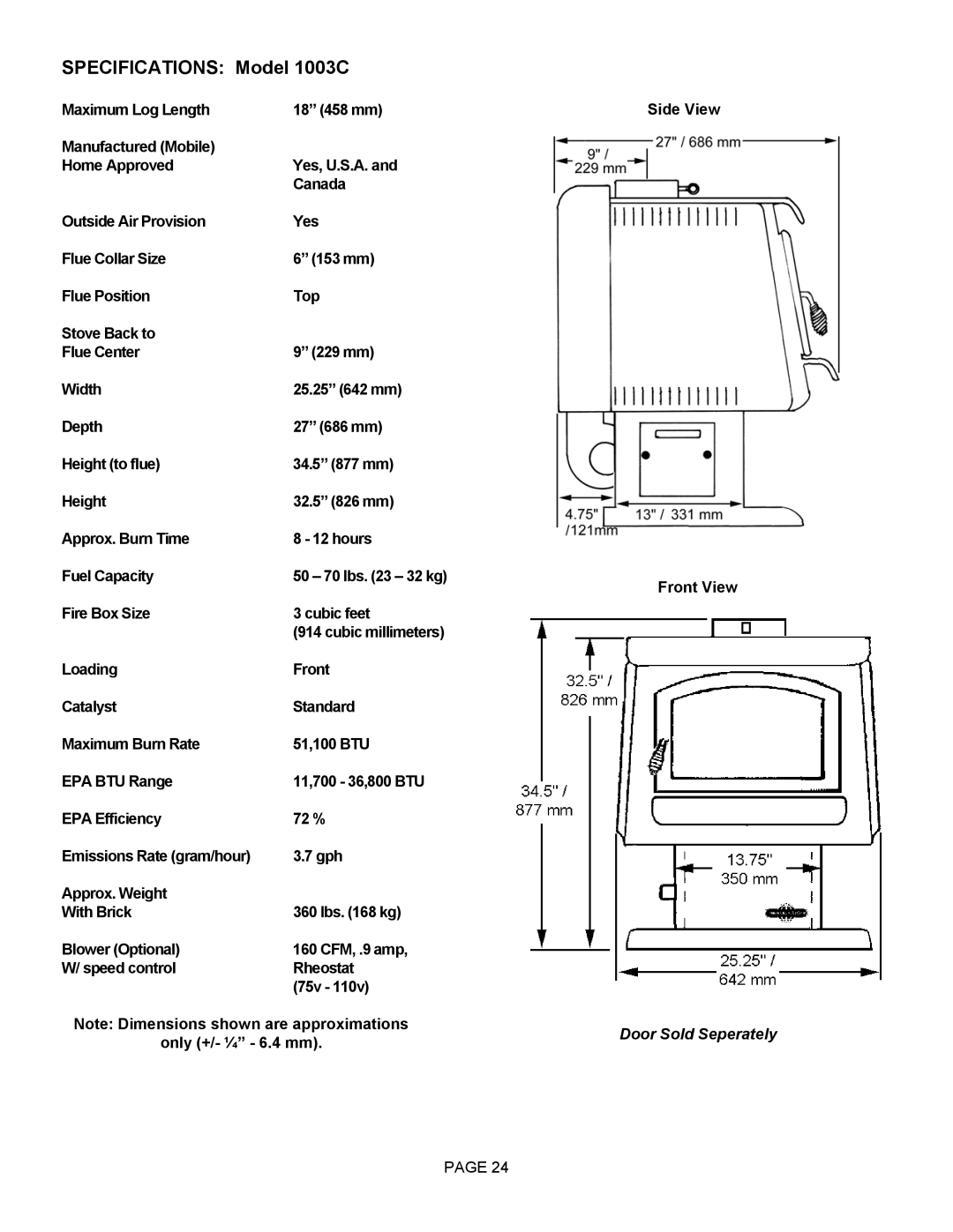 Lennox Hearth operation manual Specifications Model 1003C, Fire Box Size Cubic feet 