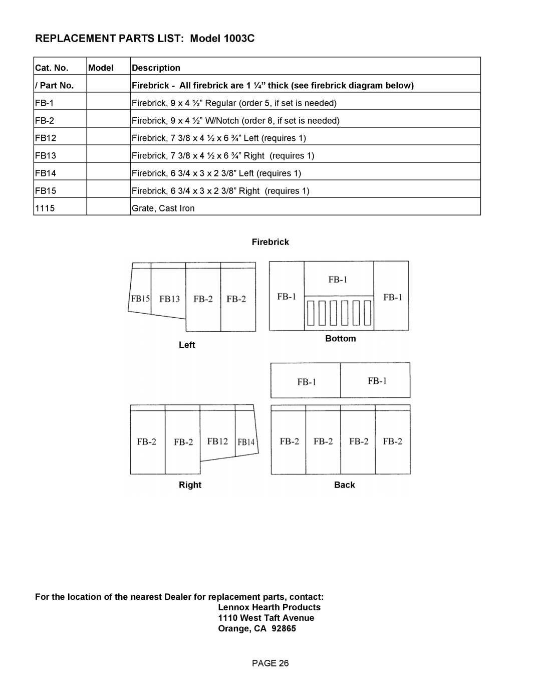 Lennox Hearth operation manual Replacement Parts List Model 1003C 