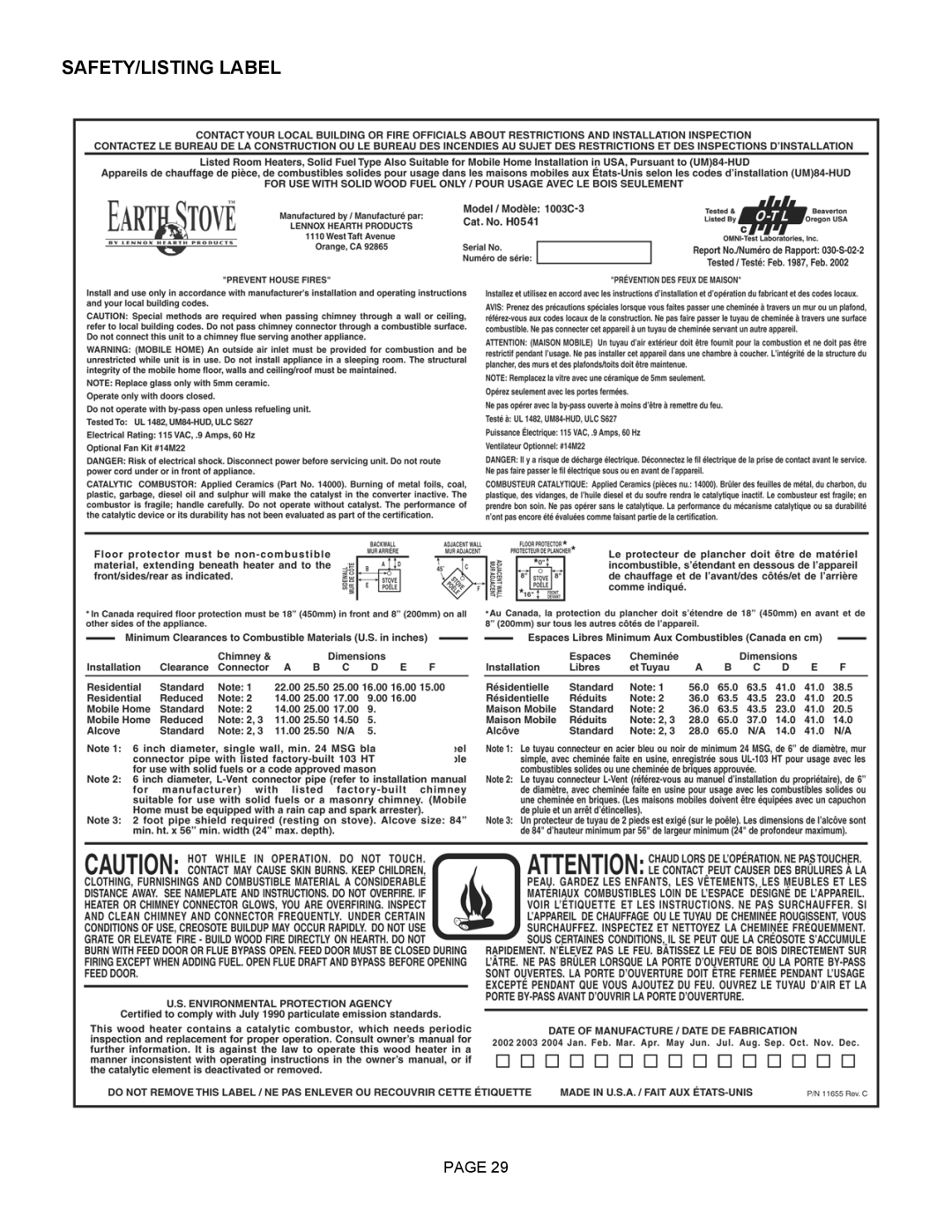 Lennox Hearth 1003C operation manual SAFETY/LISTING Label 