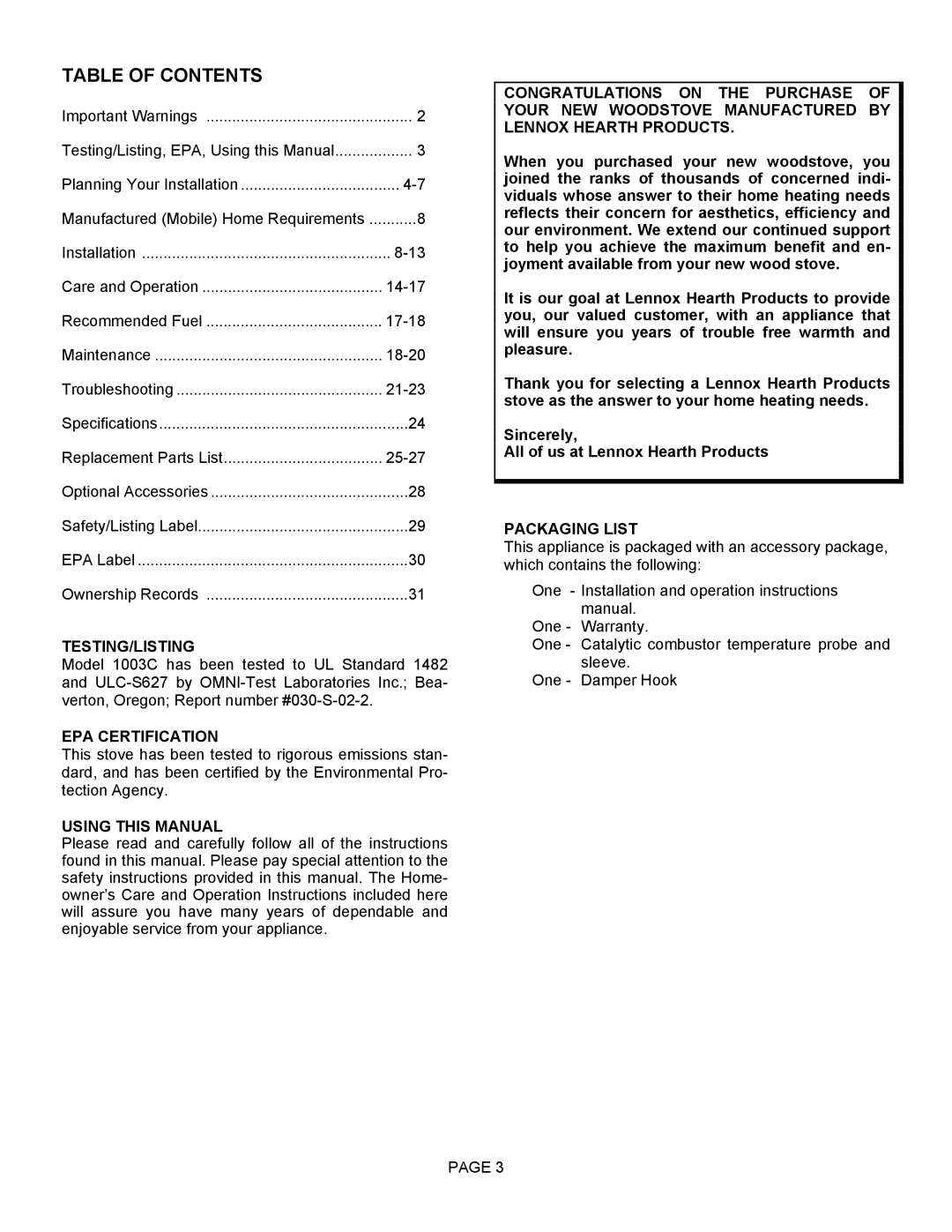 Lennox Hearth 1003C operation manual Table of Contents 