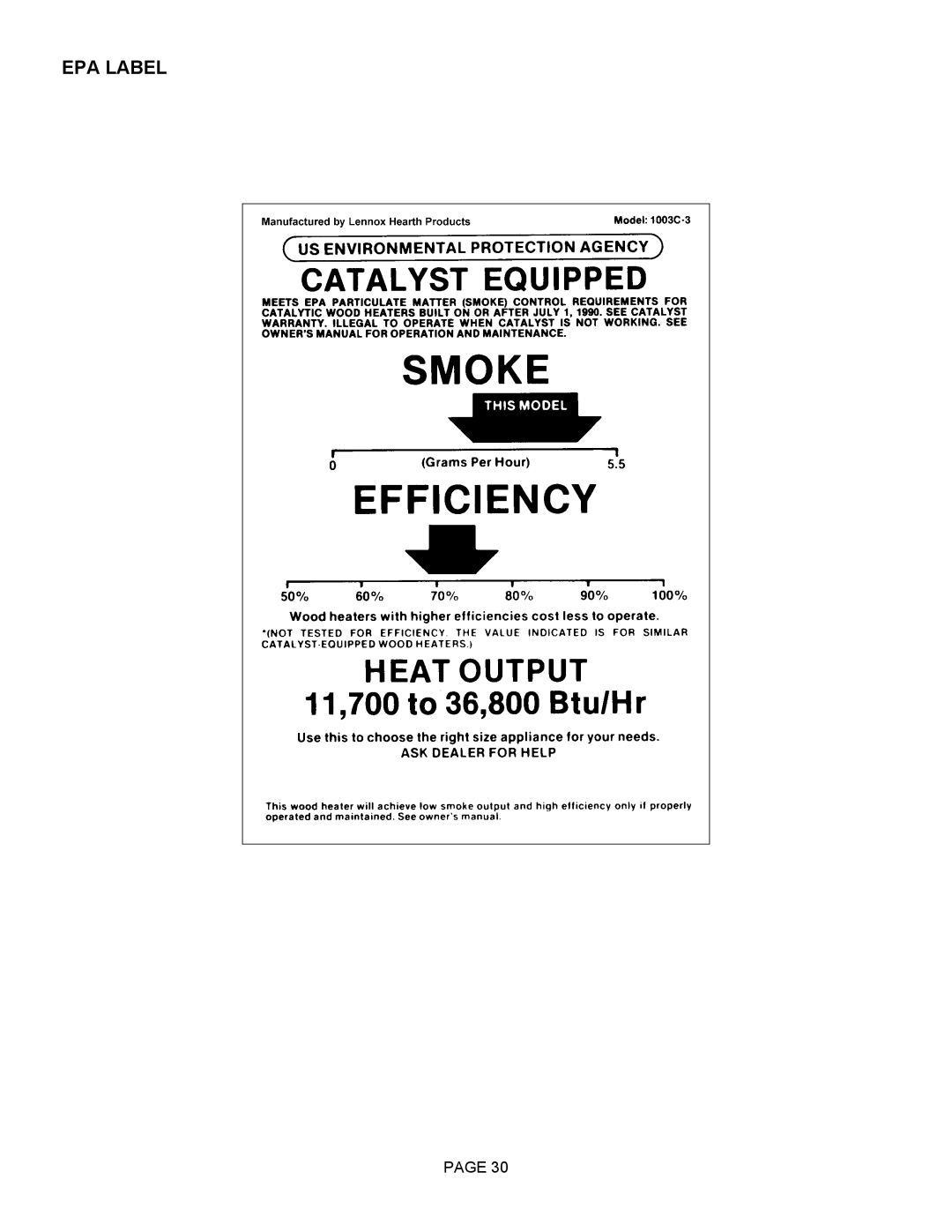 Lennox Hearth 1003C operation manual EPA Label 