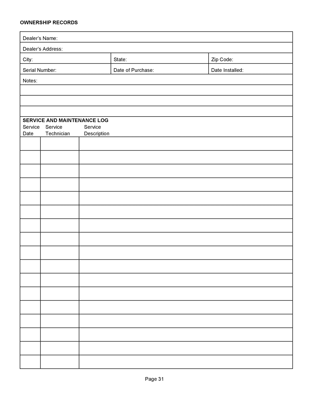 Lennox Hearth 1003C operation manual Ownership Records, Service and Maintenance LOG 