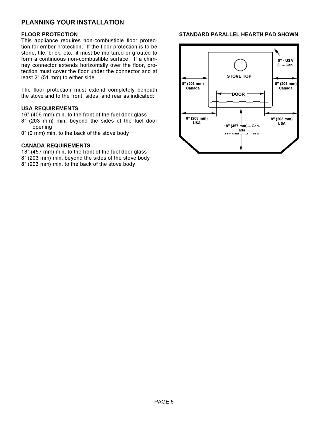 Lennox Hearth 1003C Floor Protection, USA Requirements, Canada Requirements, Standard Parallel Hearth PAD Shown 