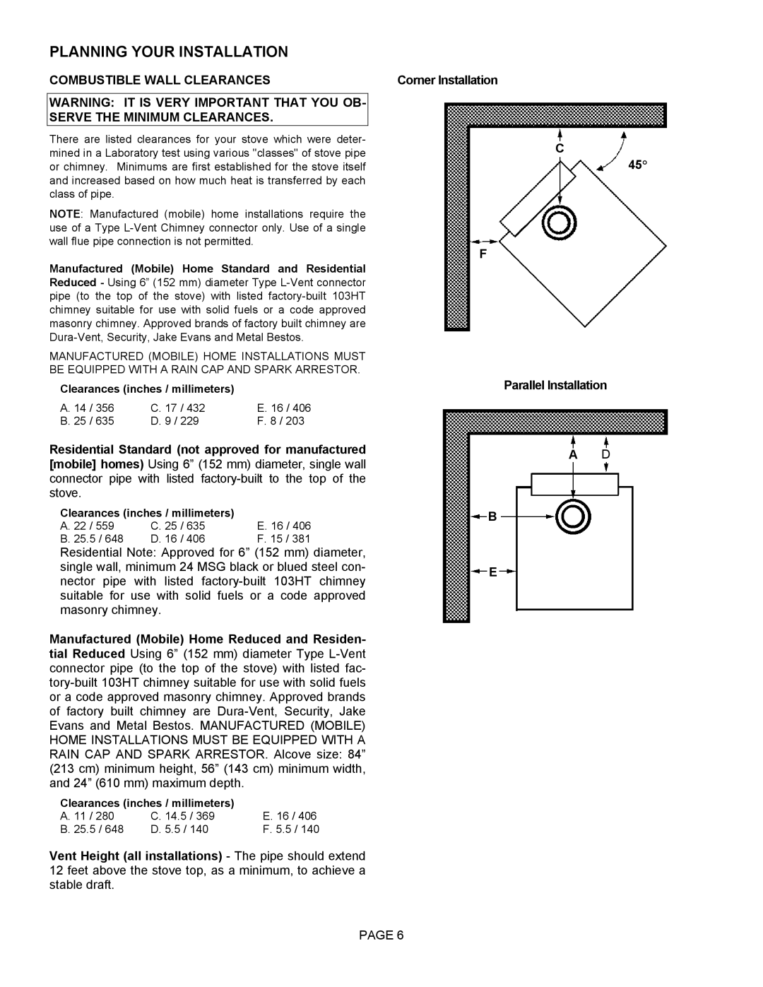 Lennox Hearth 1003C operation manual Combustible Wall Clearances 