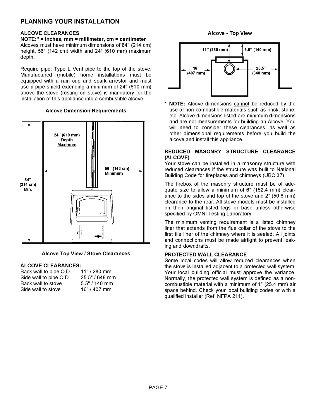 Lennox Hearth 1003C Alcove Clearances, Reduced Masonry Structure Clearance Alcove, Protected Wall Clearance 