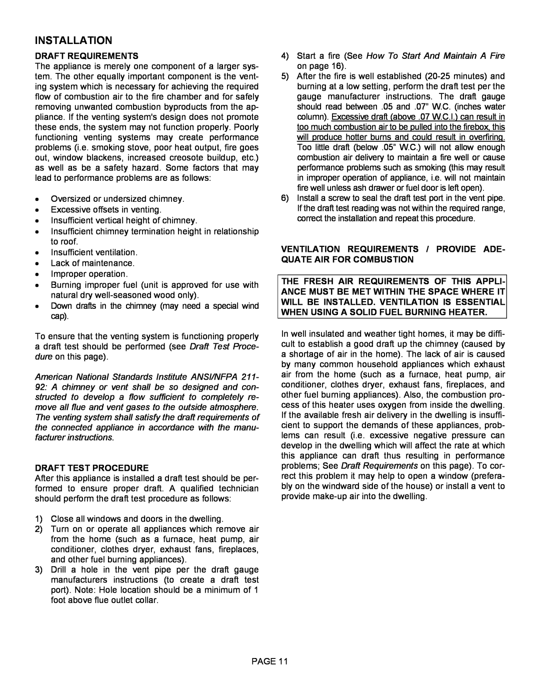 Lennox Hearth 1003C operation manual Draft Requirements, Draft Test Procedure, Installation 