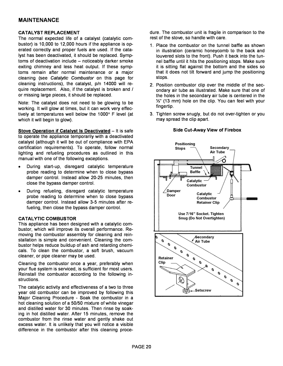 Lennox Hearth 1003C operation manual Catalyst Replacement, Side Cut-AwayView of Firebox, Maintenance, Catalytic Combustor 