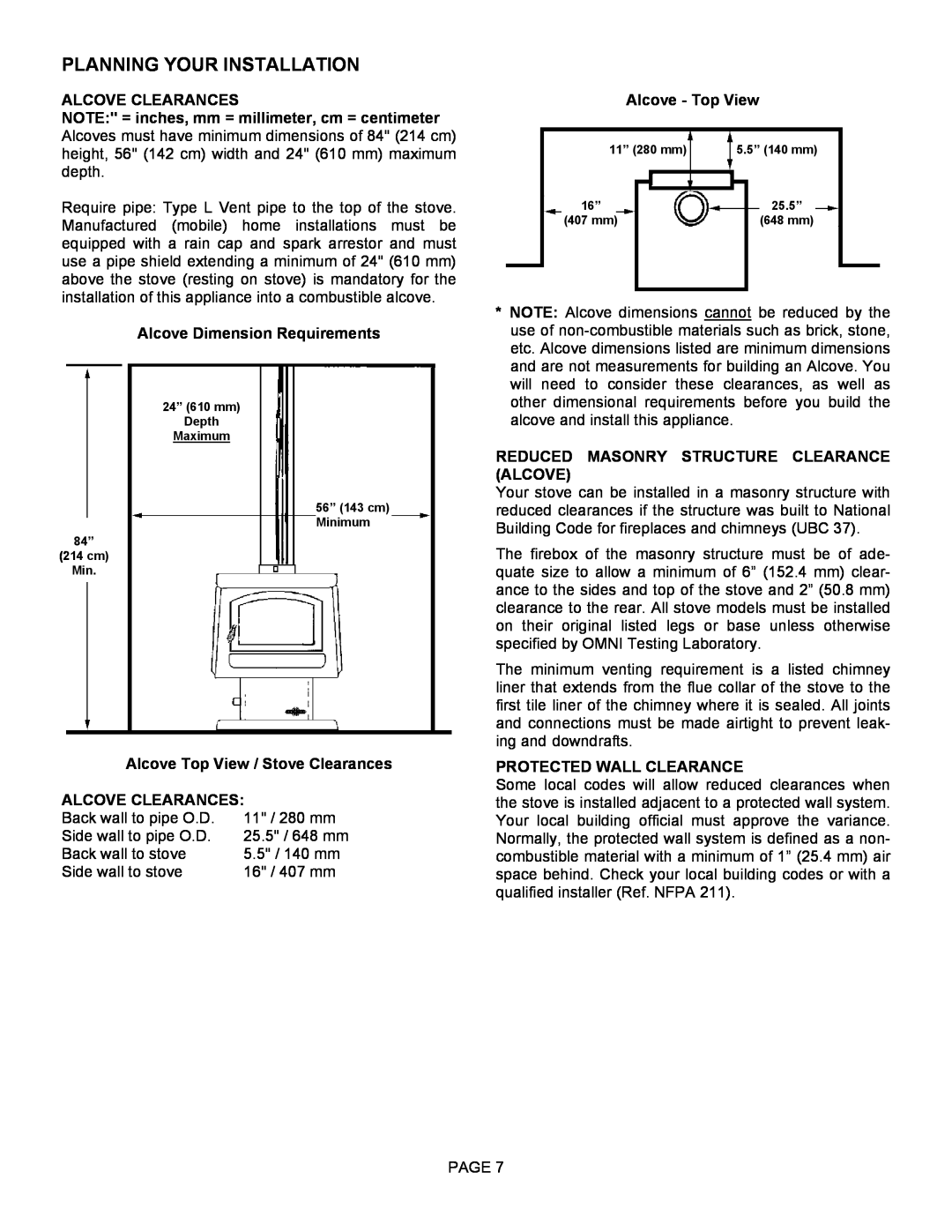 Lennox Hearth 1003C operation manual Alcove Clearances, Alcove Dimension Requirements, Alcove Top View / Stove Clearances 