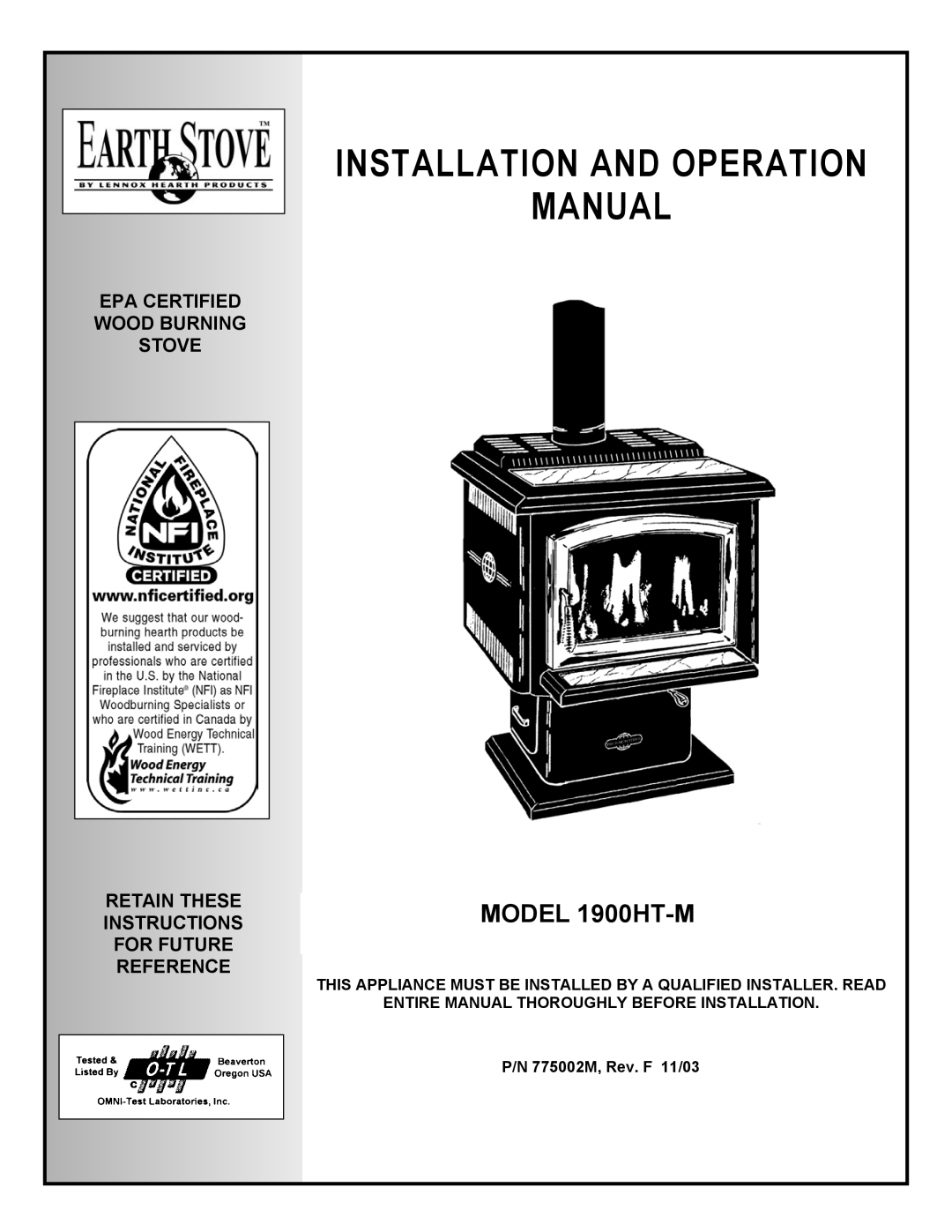 Lennox Hearth 1900HT-M operation manual Installation and Operation Manual, 775002M, Rev. F 11/03 