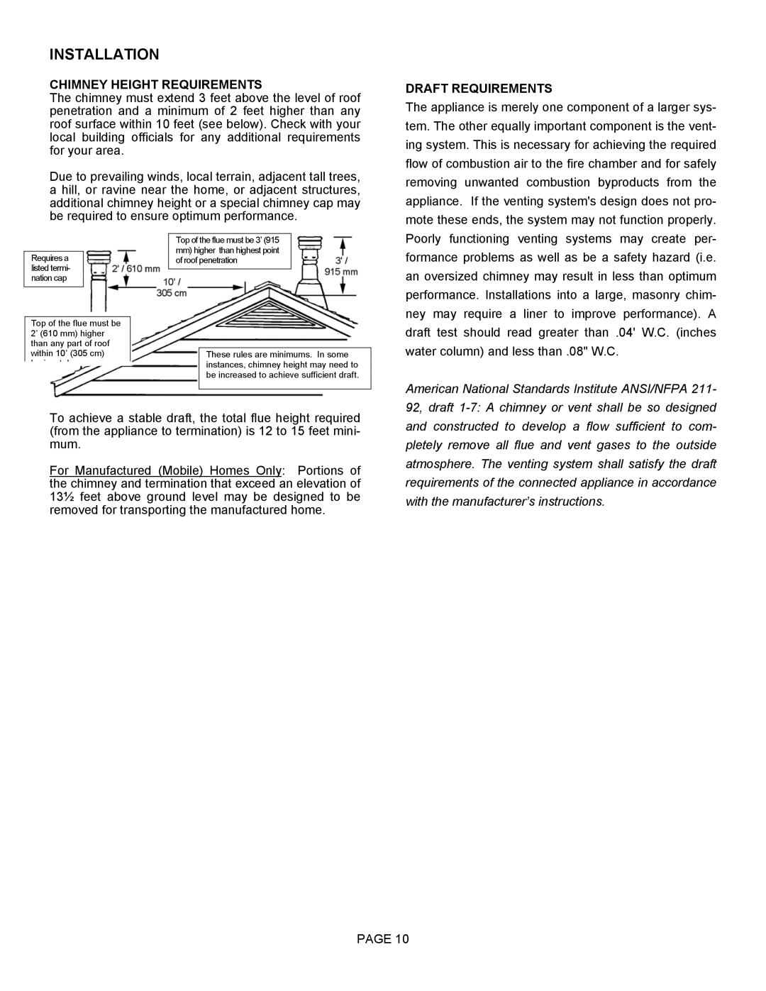 Lennox Hearth 1900HT-M operation manual Chimney Height Requirements, Draft Requirements 