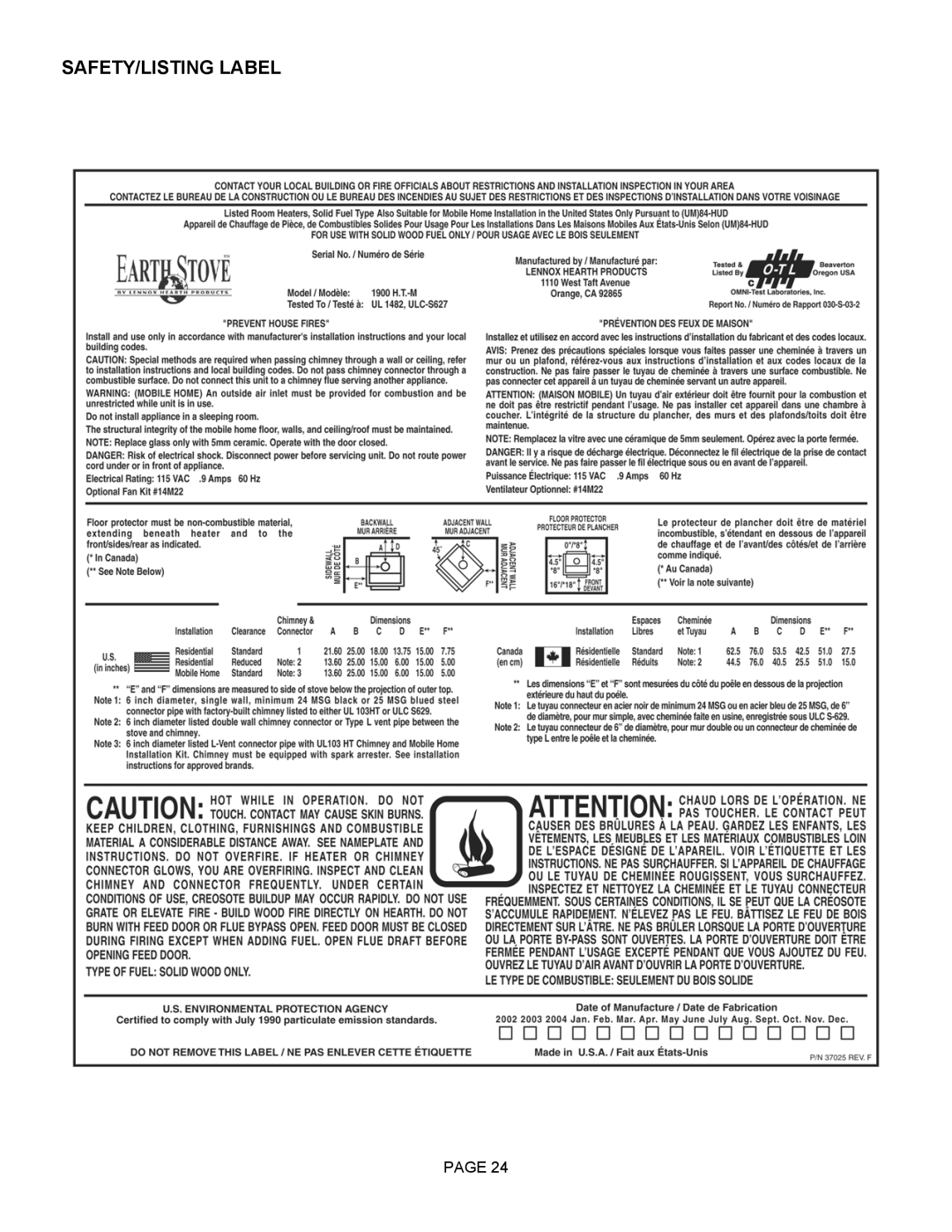 Lennox Hearth 1900HT-M operation manual SAFETY/LISTING Label 