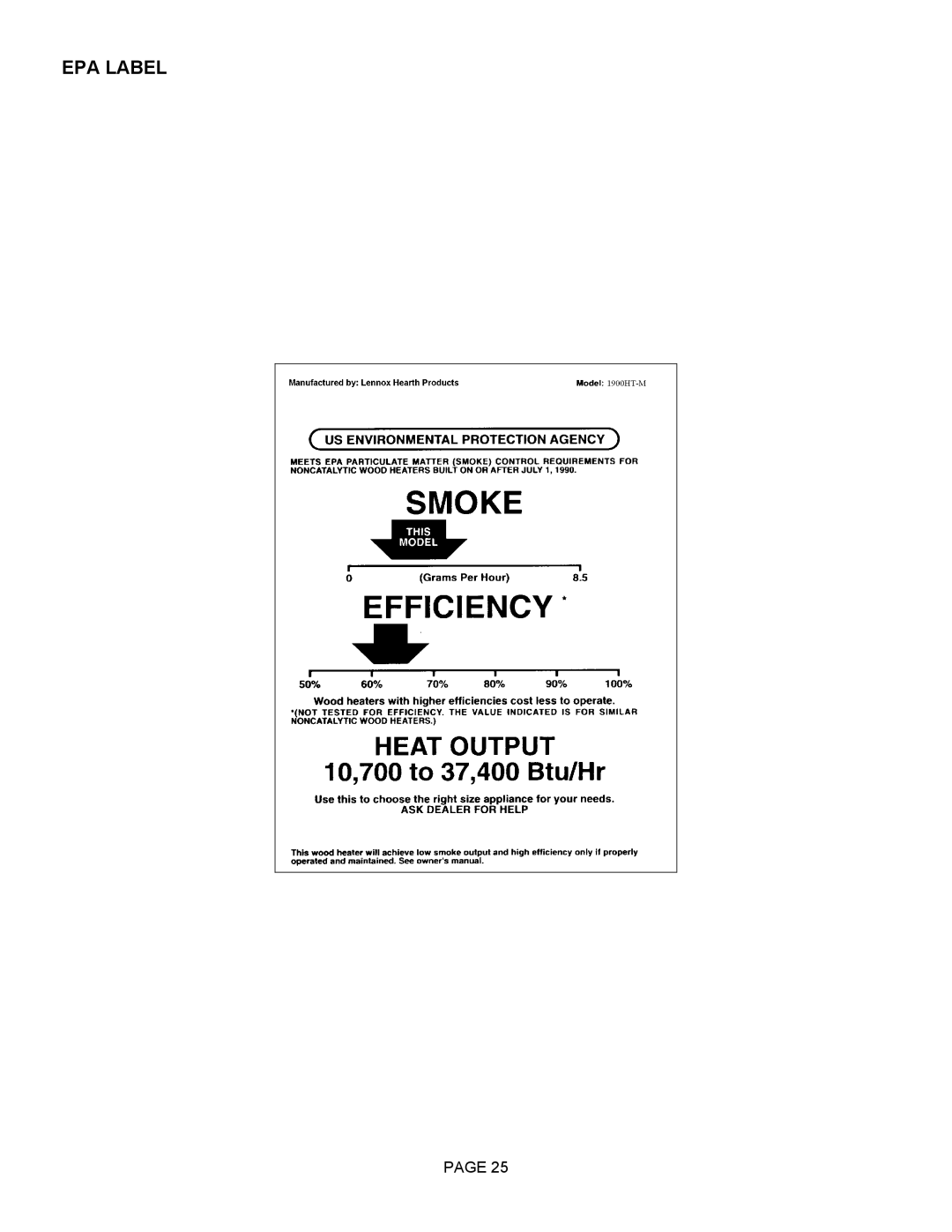 Lennox Hearth 1900HT-M operation manual EPA Label 