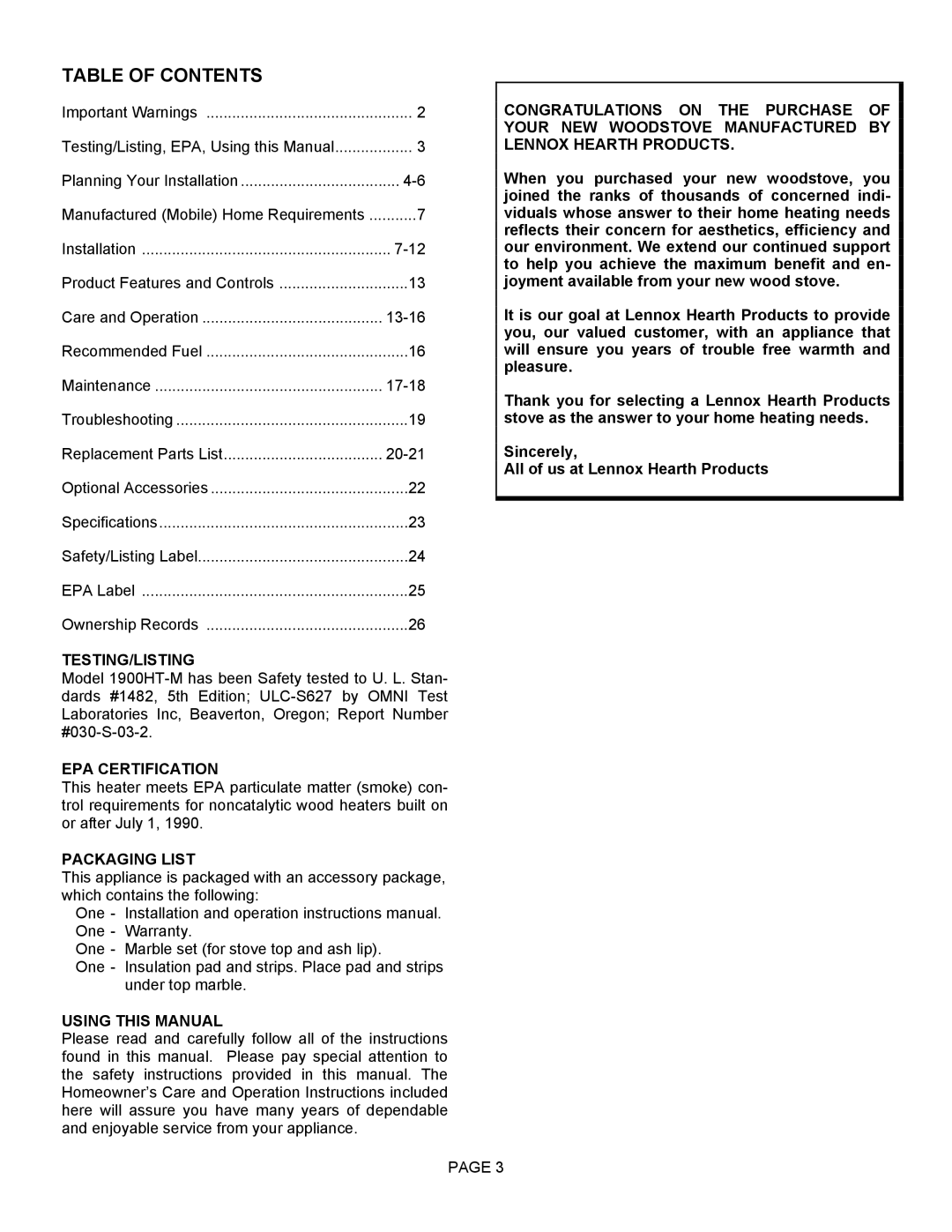 Lennox Hearth 1900HT-M operation manual Table of Contents 