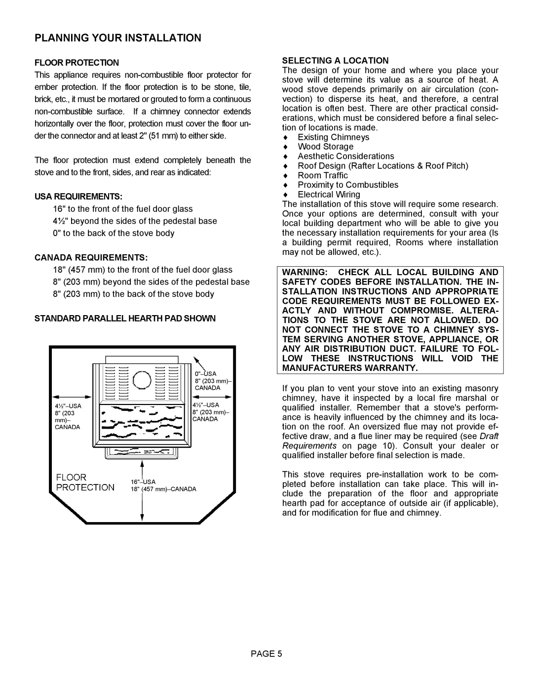 Lennox Hearth 1900HT-M Floor Protection, USA Requirements, Canada Requirements, Standard Parallel Hearth PAD Shown 