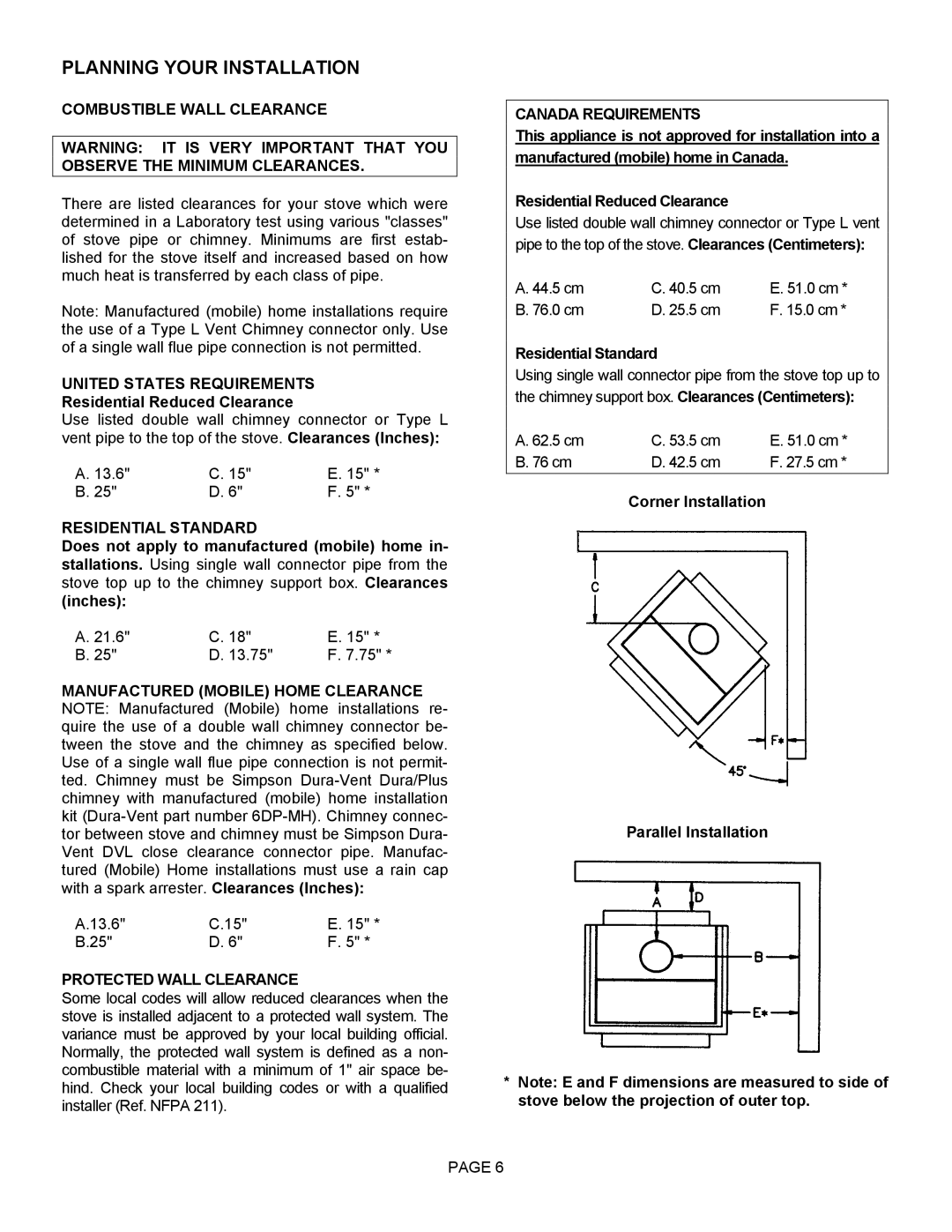 Lennox Hearth 1900HT-M operation manual Combustible Wall Clearance, United States Requirements, Residential Standard 