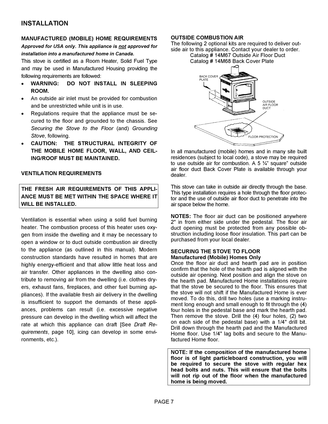 Lennox Hearth 1900HT-M operation manual Installation, Manufactured Mobile Home Requirements, Outside Combustion AIR 