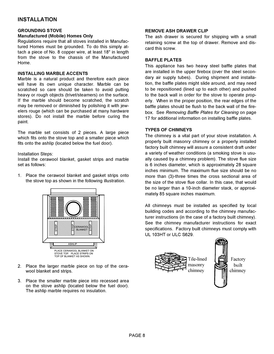 Lennox Hearth 1900HT-M operation manual Grounding Stove, Installing Marble Accents, Remove ASH Drawer Clip, Baffle Plates 