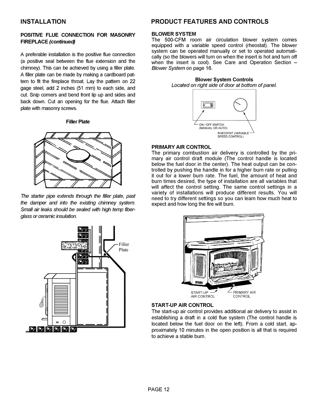 Lennox Hearth 2800HT operation manual Product Features and Controls, Positive Flue Connection for Masonry, Blower System 