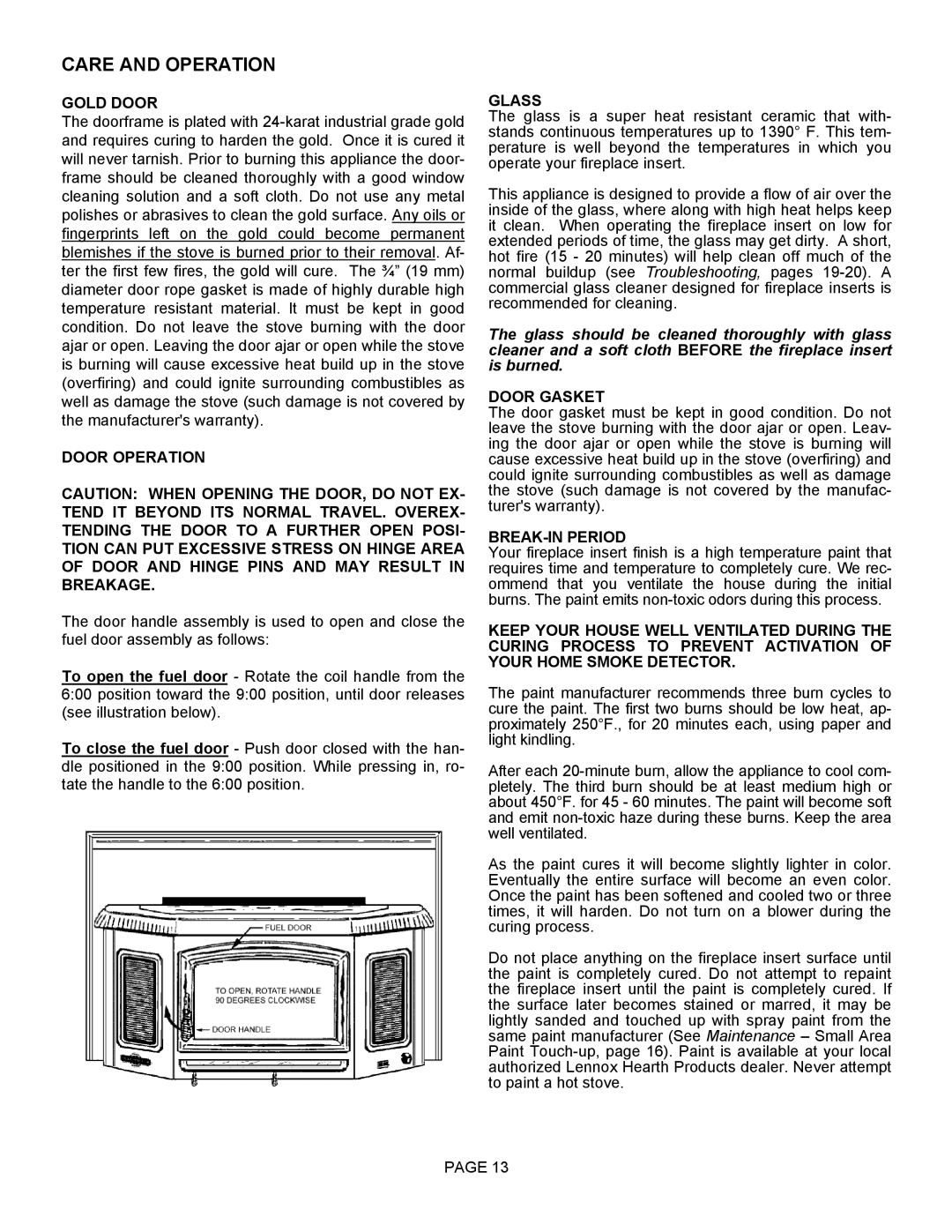 Lennox Hearth 2800HT operation manual Care and Operation 